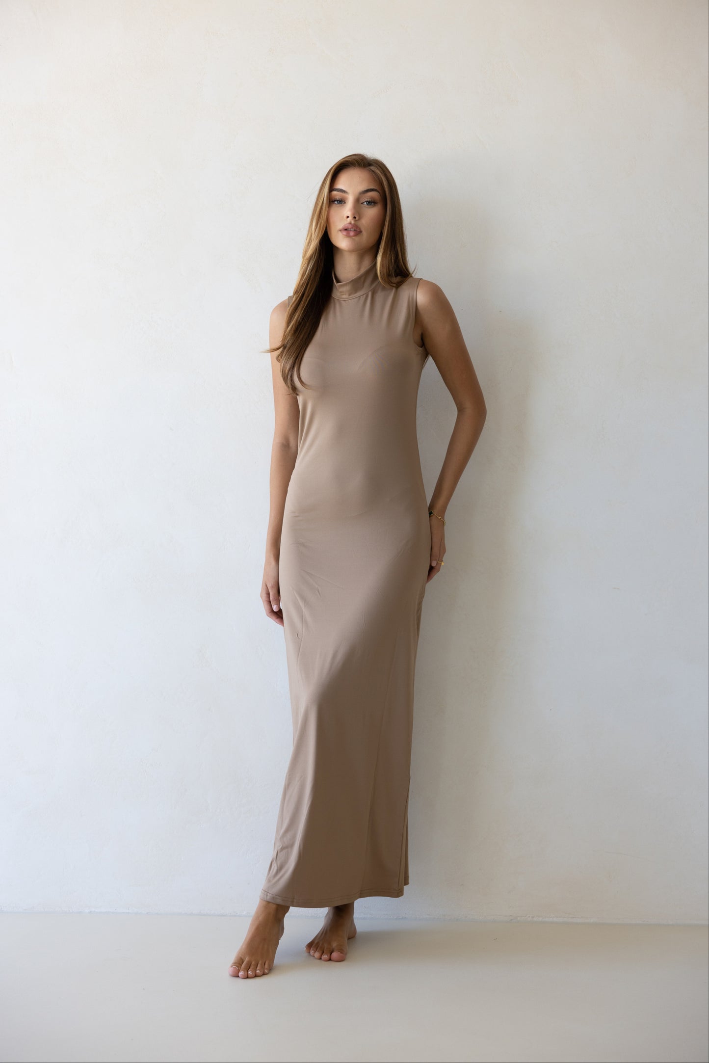 Luxe Sleeveless Slip Dress Latte