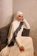 Lace trim modal hijab - Snow with Midnight trim