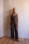 Isabel Gold Textured Button Faux Leather Vest And Pants Set