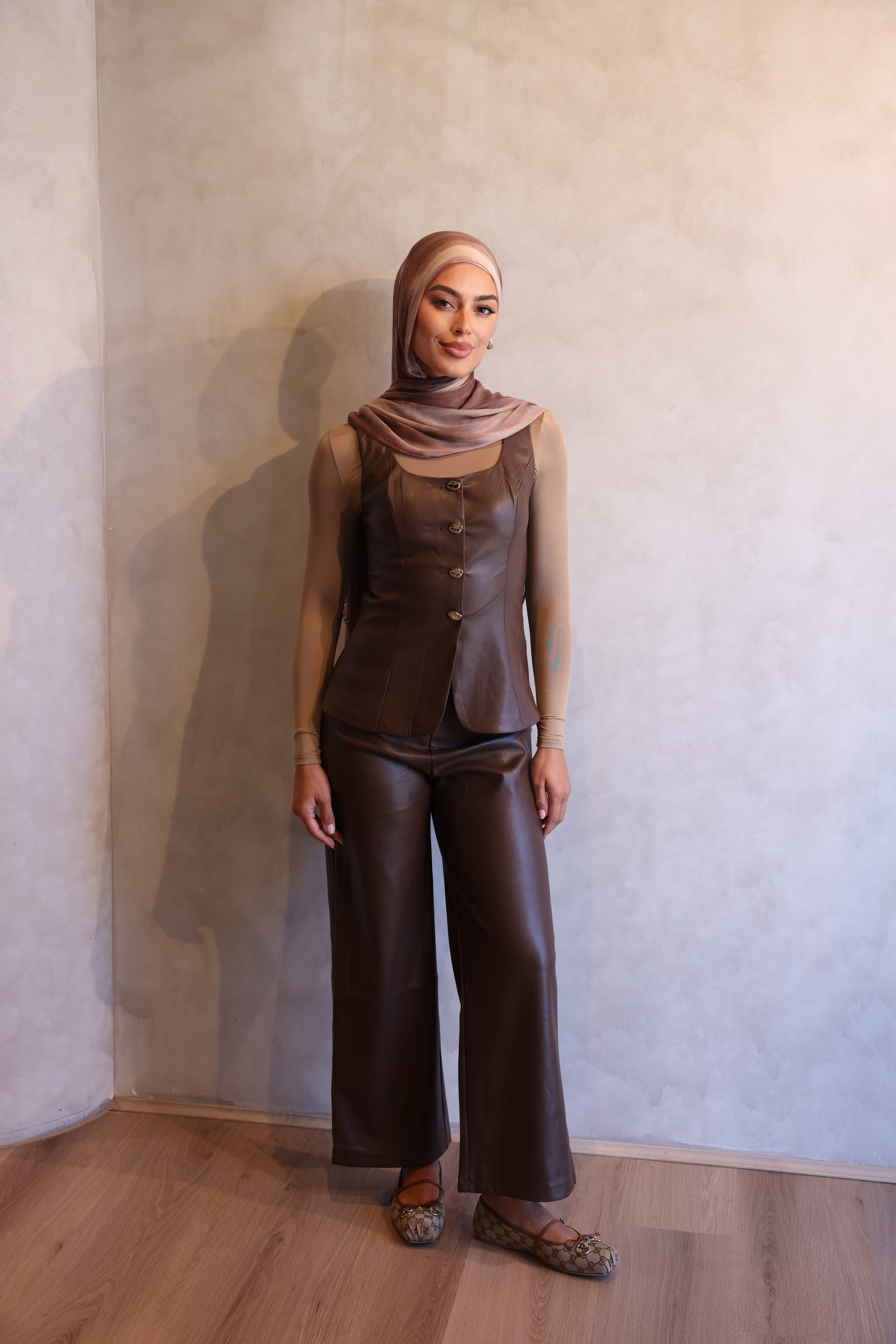 Isabel Gold Textured Button Faux Leather Vest And Pants Set