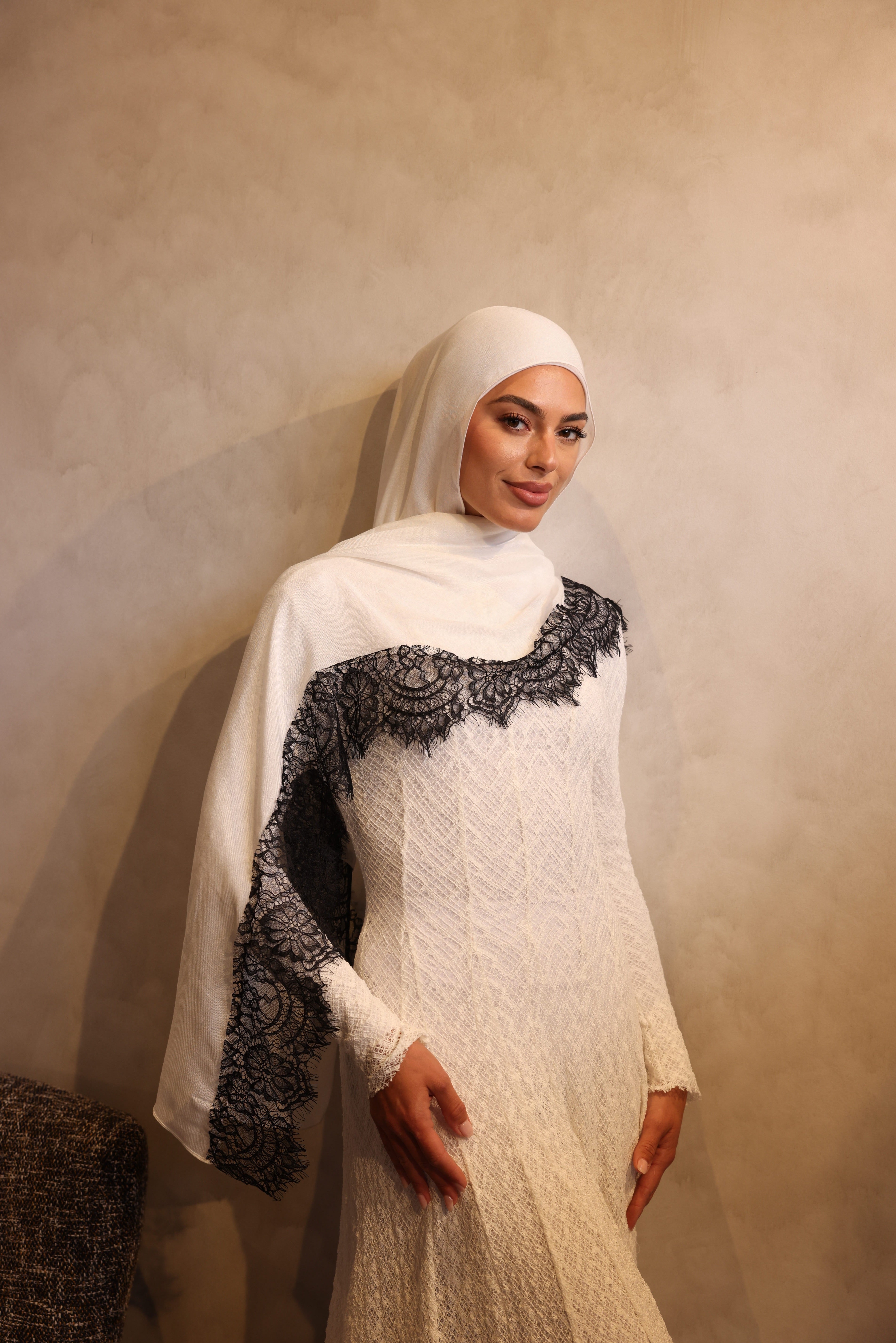 Lace trim modal hijab - Snow with Midnight trim