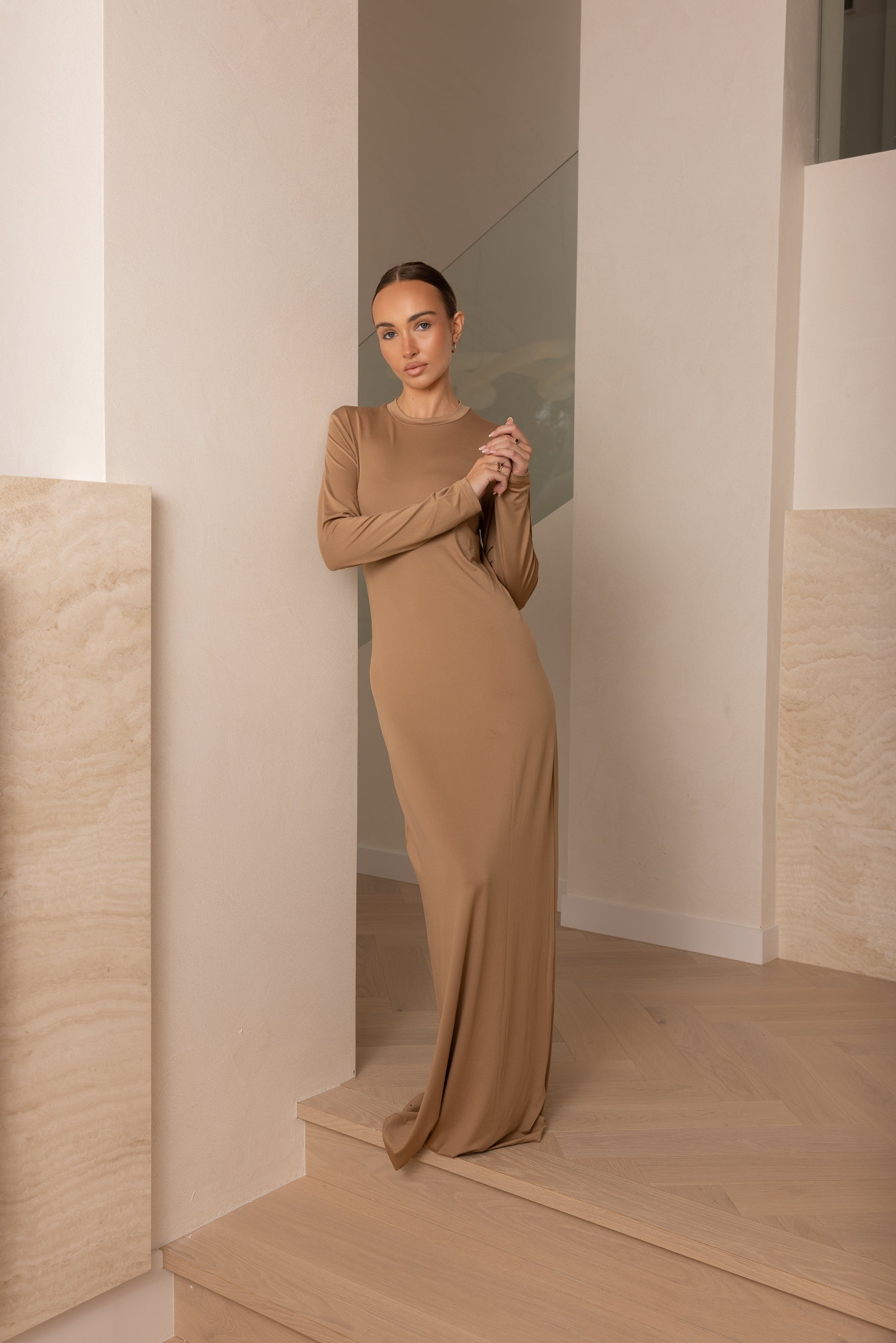 Luxe Slip Dress Low Neck Latte