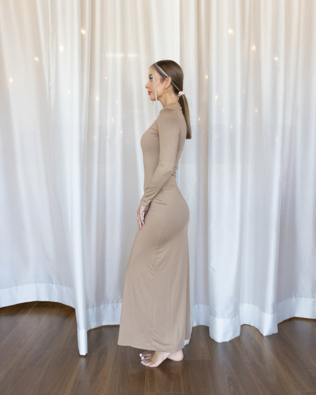 Luxe Slip Dress Low Neck Latte