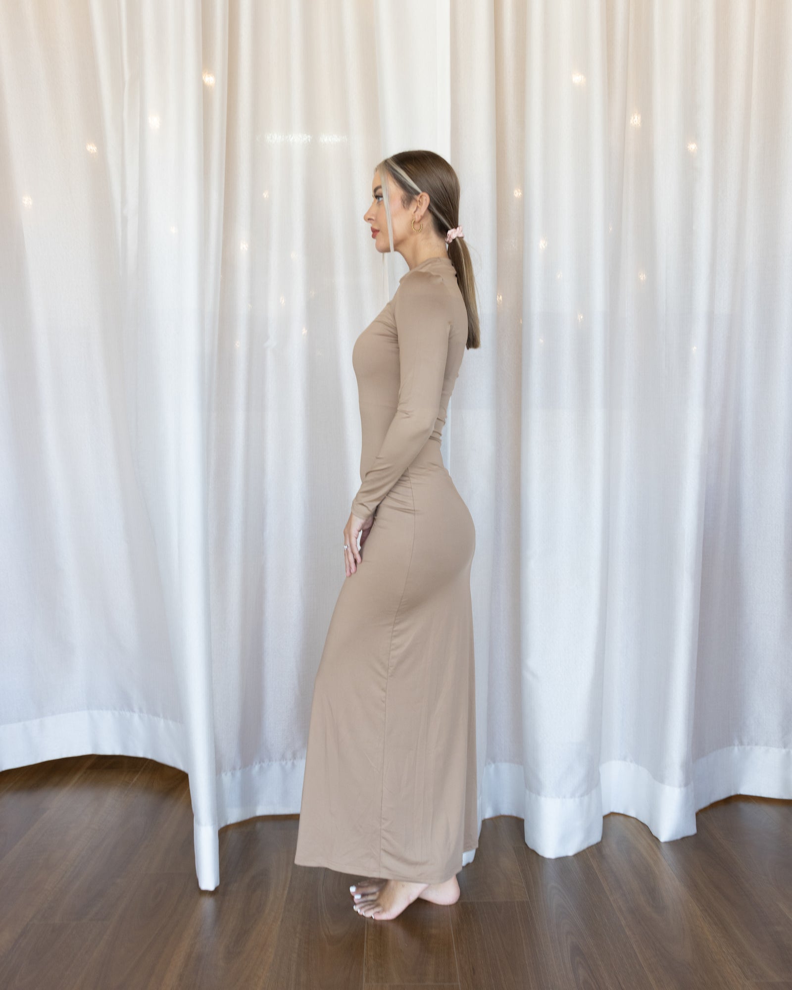 Luxe Slip Dress Low Neck Latte