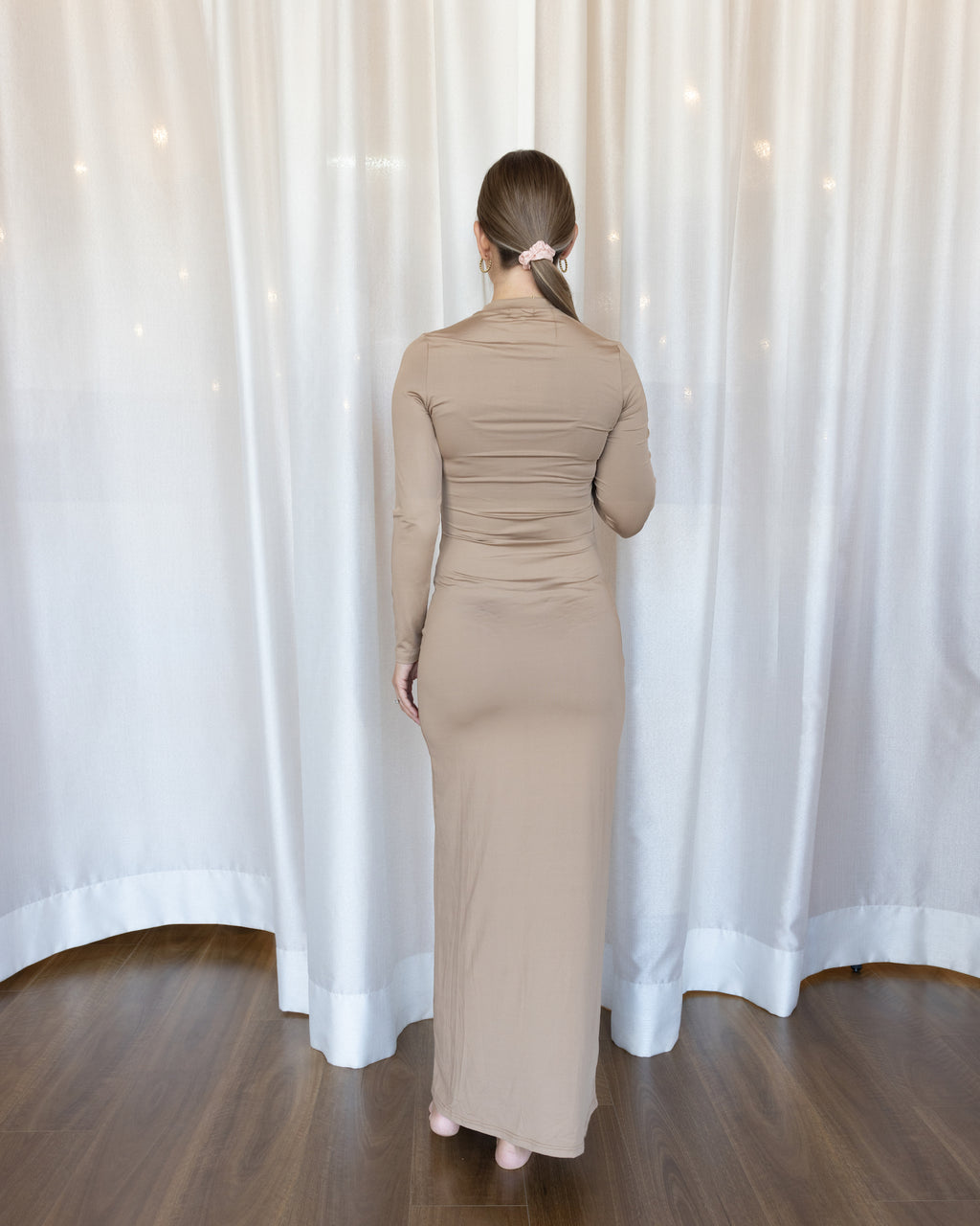 Luxe Slip Dress Low Neck Latte